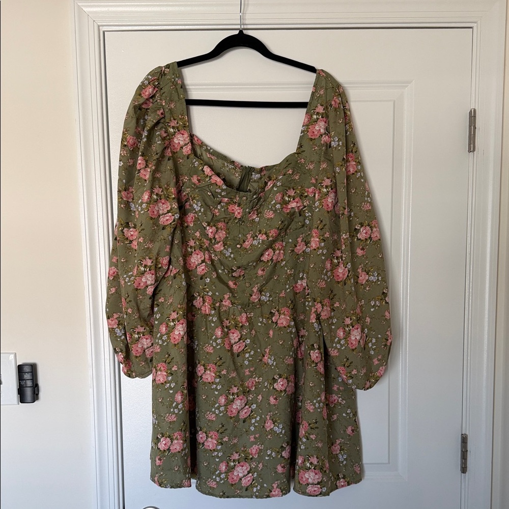 NWT Cider Floral Square-Neck Mini Dress - Olive with Pink Roses
